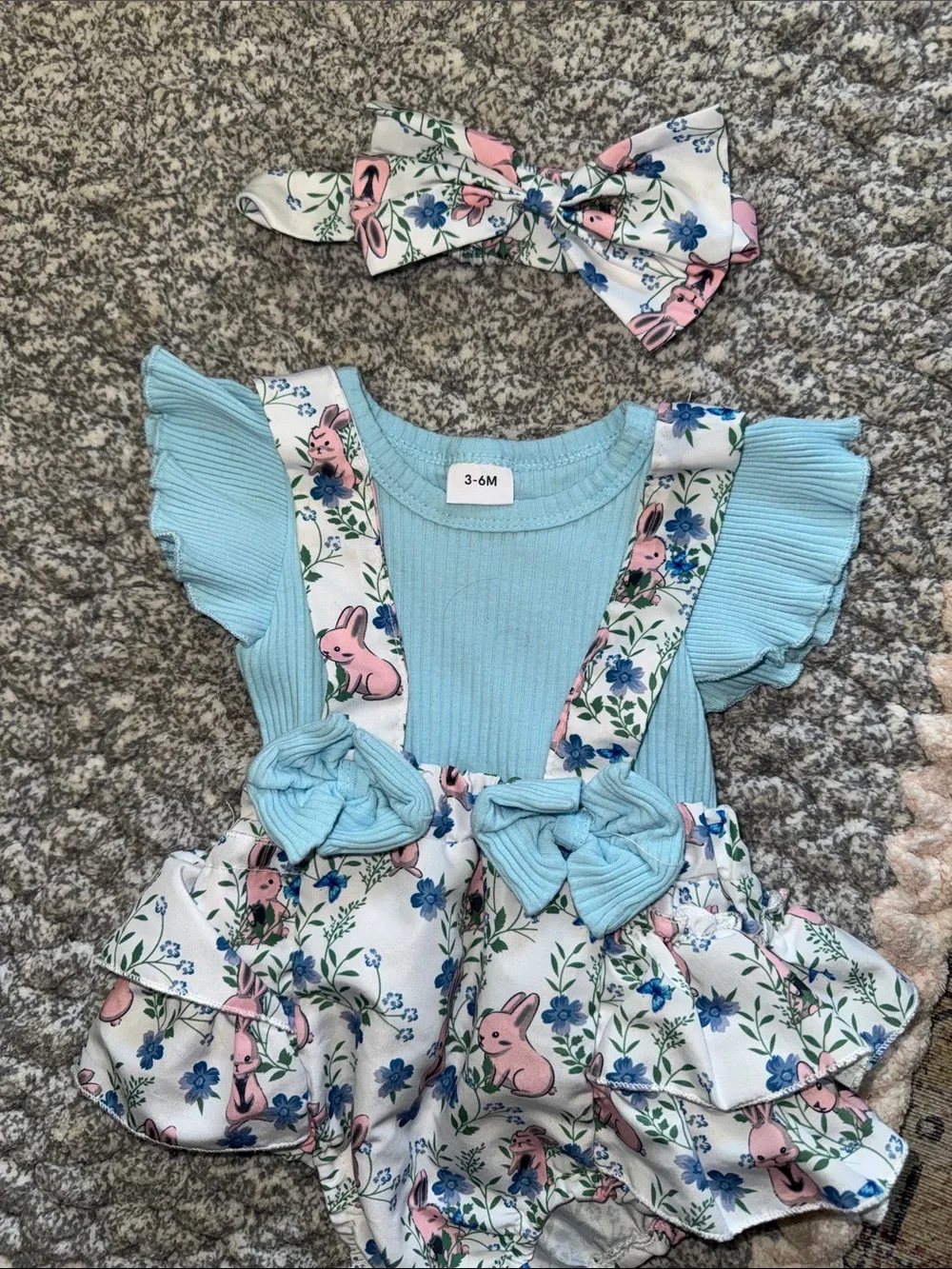 SHEIN Blue and Pink Floral Bunny Baby Matching Set with Headband